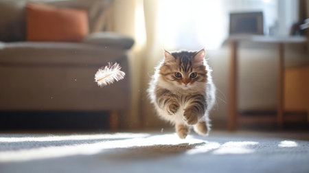 A playful cat leaps in the sunlight, chasing a feather toy. The cozy indoor setting highlights the joy and energy of this lovable feline companion.の素材