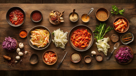 Explore a vibrant collection of fresh vegetables and spices arranged on a rustic wooden table, perfect for capturing the essence of meal preparation and culinary creativity.の素材