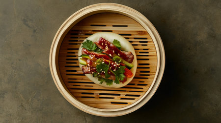 A vibrant and fresh dish showcasing a bun filled with tender meat and colorful vegetables, garnished with herbs, ideal for food enthusiasts.の素材