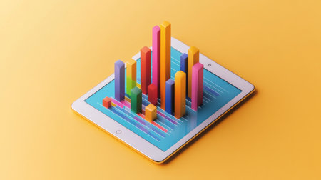 A vibrant 3D bar graph displayed on a tablet screen, showcasing data visualization trends in a modern business context. Ideal for presentations and marketing materials.の素材