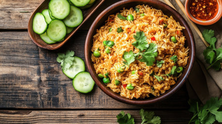 A vibrant bowl of rice garnished with fresh cucumber and cilantro, served on a rustic wooden surface. Perfect for a healthy meal or celebration.の素材