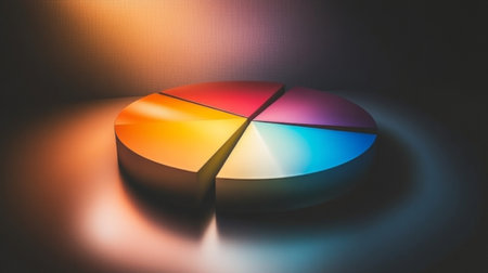 A vibrant 3D pie chart showcasing colorful segments, ideal for representing data analysis and visualizing statistics in business presentations or creative designs.の素材