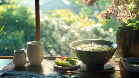 A tranquil dining scene featuring a bowl of rice and fresh vegetables, bathed in warm sunlight, with a beautiful garden view and floral accents.の素材