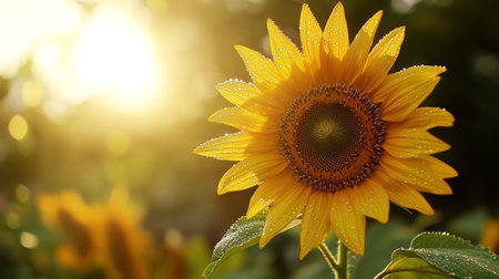 A stunning sunflower glistening with morning dew in warm sunlight. This vibrant flower captures the essence of summer and natural beauty in full bloom.の素材