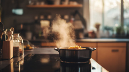 A cozy kitchen scene featuring a steaming pot of food on the stove, capturing the warmth and comfort of home cooking during meal preparation.の素材