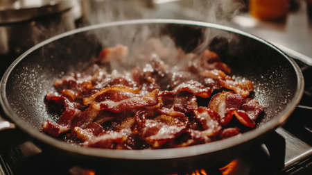 A mouthwatering scene of crispy bacon frying in a pan, releasing savory aromas and steam. Perfect for culinary inspiration and food lovers.の素材