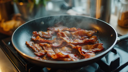A mouthwatering scene of crispy bacon frying in a pan, emitting steam and savory aromas. Perfect for breakfast or culinary delights in the kitchen.の素材