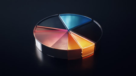 A vibrant pie chart displaying a blend of colors against a dark background, perfect for illustrating data analysis, presentations, or creative projects.の素材