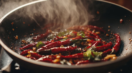 A close-up view of red chili peppers frying in a pan, infused with aromatic herbs and spices. The steam rising enhances the cooking ambiance in the kitchen.の素材