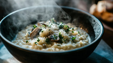 A steaming bowl of creamy mushroom risotto garnished with fresh herbs. This appetizing dish showcases rich textures and flavors, perfect for dining.の素材