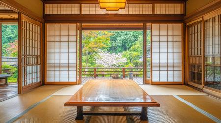 Experience the tranquility of a traditional Japanese room with a stunning garden view. The serene ambiance invites relaxation and reflection, showcasing nature's beauty.の素材