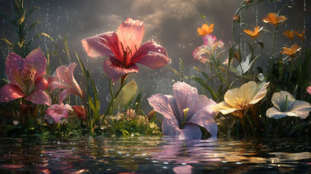 A stunning display of vibrant flowers blooming beside a calm water surface. The scene captures the playful dance of light on petals, creating a peaceful ambiance.の素材