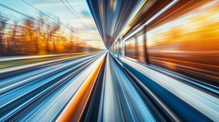 A stunning portrayal of dynamic motion as a train speeds along tracks at sunset. Vibrant colors and blurred lines create a sense of energy.の素材