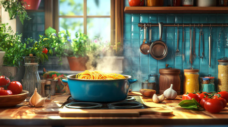 A cozy kitchen scene featuring a blue pot of steaming pasta surrounded by fresh vegetables and herbs, illuminated by warm sunlight, perfect for culinary inspiration.の素材