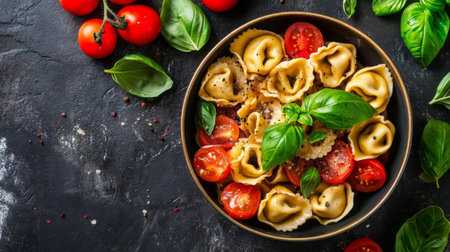 A vibrant dish featuring fresh tortellini paired with cherry tomatoes and basil, perfect for a healthy meal. Ideal for food photography and Italian cuisine.の素材
