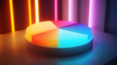 This vivid pie chart features a colorful design set against a dynamic neon light backdrop, perfect for presentations, reports, and professional graphics.の素材