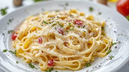 A delicious plate of creamy fettuccine Alfredo topped with cheese and herbs, capturing the essence of Italian cuisine in a gourmet presentation.の素材