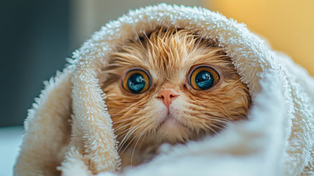 A charming close-up of a cute cat wrapped in a soft towel, showcasing its large expressive eyes and fluffy fur. Perfect image for animal lovers.の素材
