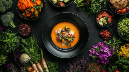 A vibrant bowl of soup sits at the center, surrounded by an array of fresh vegetables and herbs, showcasing a healthy and colorful meal idea.の素材