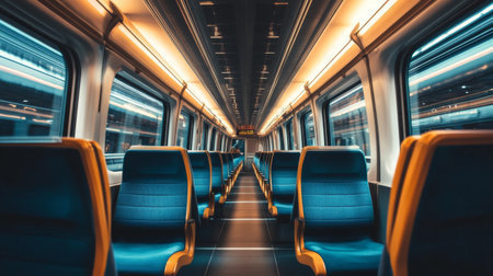 Explore the serene interior of a modern train with sleek seating and vibrant lighting, capturing the essence of urban travel and design.の素材