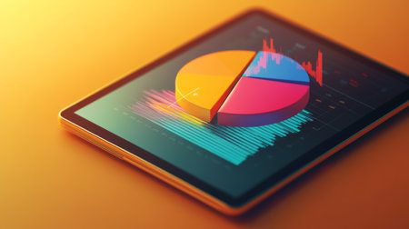 Vibrant data visualization on a tablet showcases colorful charts and graphs, representing modern analytics and technology in business and finance.の素材