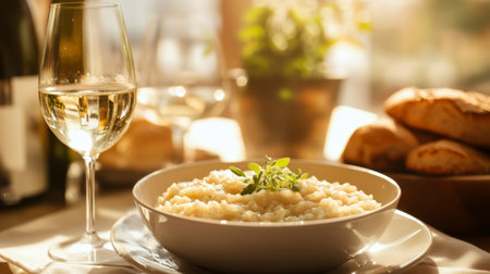 A cozy scene featuring creamy risotto in a bowl, paired with a glass of white wine. The sunlight enhances the warm ambiance, perfect for a relaxing meal.の素材