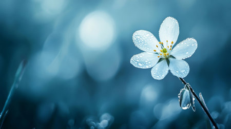 A stunning close-up of a delicate white flower adorned with droplets, set against a soft blue background, embodying tranquility and natural beauty.の素材