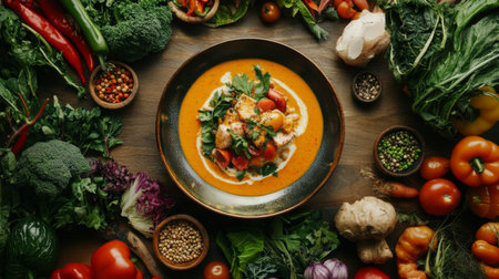 A vibrant bowl of soup is surrounded by fresh vegetables and herbs, showcasing a colorful arrangement. Perfect for culinary creativity and healthy eating.の素材