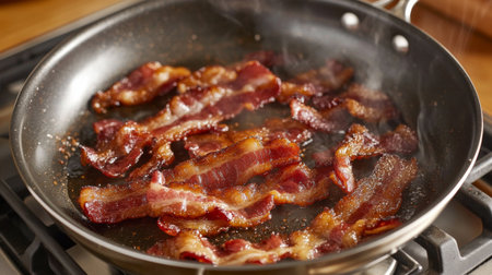 A close-up view of strips of bacon sizzling in a frying pan, creating a mouthwatering aroma. Perfect for breakfast scenes, culinary arts, or food photography.の素材