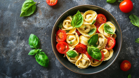 A vibrant bowl of fresh pasta topped with basil and cherry tomatoes, showcasing a delicious and healthy culinary experience perfect for any meal.の素材