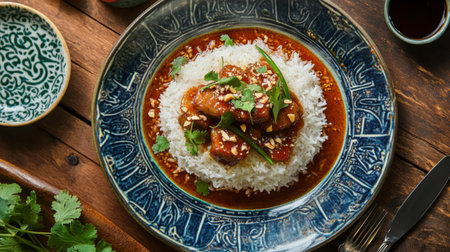 This vibrant dish features tender meat served on a bed of fluffy rice, garnished with fresh herbs and a rich sauce, perfect for any meal.の素材