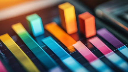 Vibrant bar graphs displayed on a digital screen showcase business performance. Ideal for visualizing data trends in reports, presentations, and analysis.の素材