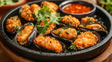 Enjoy a delicious plate of crispy baked mussels, garnished with fresh herbs and served with a spicy dipping sauce. Perfect for any seafood lover.の素材
