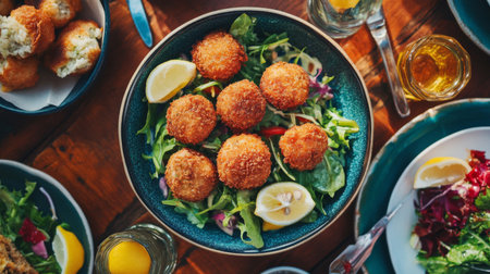 A beautiful arrangement of crispy fried balls served on a bed of fresh salad with vibrant greens and lemon slices, ideal for any meal or gathering.の素材