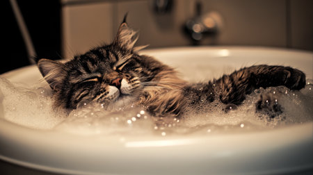 A serene cat enjoys a soothing bubble bath in a cozy bathtub. The fluffy feline appears relaxed and content, surrounded by soft bubbles, embodying the essence of leisure.の素材