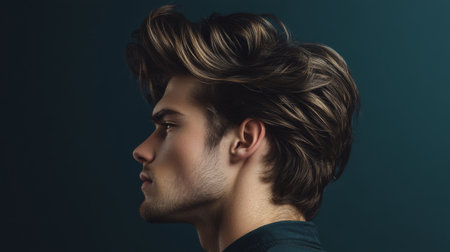 A stylish young man showcases a modern haircut in profile view, highlighting unique hair texture and elegant grooming against a dark background.の素材