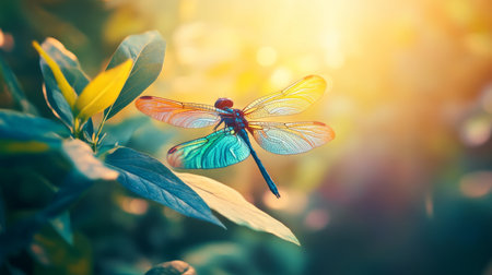 A stunning image of a colorful dragonfly hovering amidst lush greenery, illuminated by warm sunlight, capturing the beauty of nature and tranquility.の素材