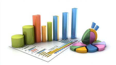 Vibrant charts and graphs illustrate business analytics and performance metrics, highlighting growth trends and strategies for effective data visualization.の素材