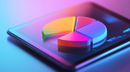 Vibrant pie chart displayed on a digital tablet screen, illustrating data visualization for business analysis and performance metrics in a modern setting.の素材