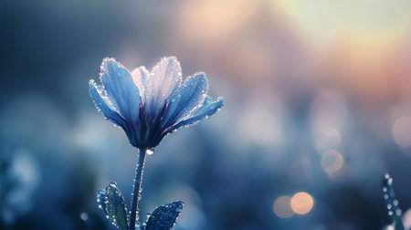 A stunning close-up of a delicate flower adorned with dew drops, capturing the serene beauty of nature in soft morning light. Perfect for conveying tranquility and freshness.の素材