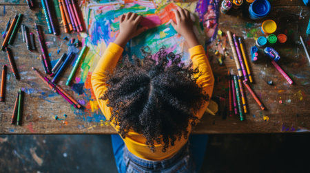 A bright scene showcasing a child engaged in artistic expression, surrounded by colorful art supplies. The vibrant scene captures creativity and joy in play.の素材