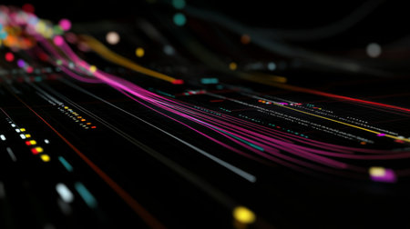 This abstract image features vibrant lines flowing across a dark background, representing dynamic data visualization and modern digital creativity.の素材