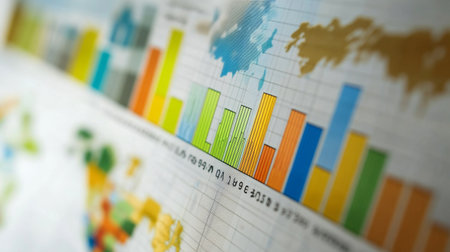 A vibrant data visualization featuring colorful bar charts and graphs. Ideal for representing research results, financial metrics, and analytical insights in a professional context.の素材