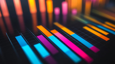 Vibrant digital bar graph showcasing colorful data visualization. Ideal for presentations, reports, and analysis in technology and business sectors.の素材