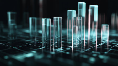 This abstract 3D visualization features transparent structures on a dark backdrop, representing data and technology in a modern and futuristic style.の素材