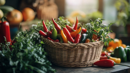 A rustic basket filled with vibrant peppers and fresh herbs, showcasing a colorful arrangement of organic vegetables perfect for culinary creations.の素材