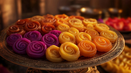 A vibrant display of colorful sweet rolls arranged artistically on a decorative plate, perfect for celebrations, festivals, and culinary delights.の素材