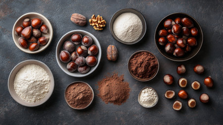 Flat lay of assorted nuts and flours on a dark background, showcasing a variety of textures and colors perfect for culinary inspiration and healthy recipes.の素材