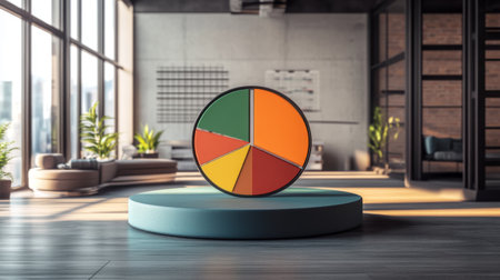 A colorful pie chart displayed on a circular platform in a modern office setting, highlighting themes of business analytics and creativity in the workspace.の素材