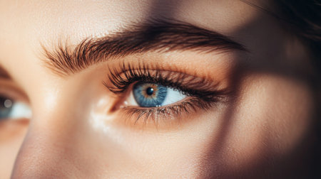 A stunning close-up of a woman's blue eye, featuring long lashes and a beautifully defined brow. The image showcases natural beauty and intricate details.の素材